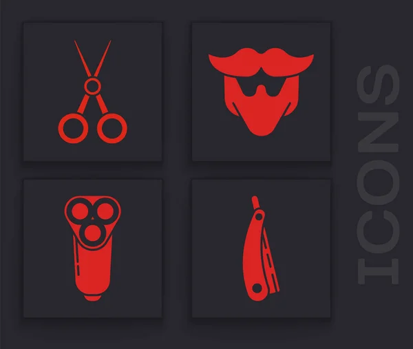 Set Straight Razor Scissors Hairdresser Mustache Beard Electric Razor Blade — Stock Vector