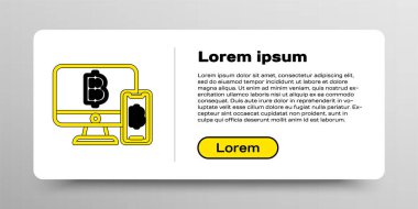 Cep telefonu ve bitcoin simgesine sahip çizgi bilgisayar monitörü beyaz arkaplanda izole edildi. İnternetten alışveriş konsepti. İnternetten kazanç. Renkli taslak konsepti. Vektör.