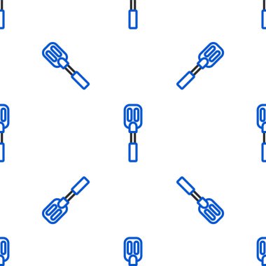 Spatula simgesi beyaz arkaplanda izole edilmiş kusursuz desen. Mutfak spatula ikonu. Barbekü spatula işareti. Barbekü ve ızgara aleti. Renkli taslak konsepti. Vektör.