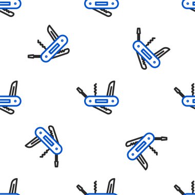 İsviçre ordu bıçak ikonu beyaz arka planda kusursuz desen izole etti. Çoklu alet, çok amaçlı çakı. Çok fonksiyonlu bir alet. Renkli taslak konsepti. Vektör.