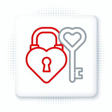 Kalp şeklinde bir kale ve anahtar şeklinde bir çizgi beyaz arka planda izole edilmiş bir kalp şekli ikonu. Aşk sembolü ve anahtar deliği işareti. Renkli taslak konsepti. Vektör.
