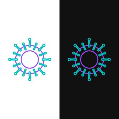Beyaz ve siyah arkaplanda çizgi virüsü simgesi izole edildi. Corona virüsü 2019-nCoV. Bakteri ve mikroplar, hücre kanseri, mikrop, mantar. Renkli taslak konsepti. Vektör.
