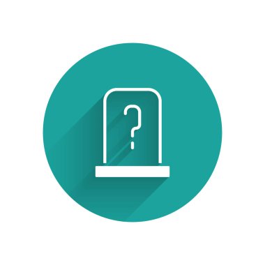 Mezar taşı ikonuna sahip beyaz mezar uzun gölgeli. Yeşil daire düğmesi. Vektör.