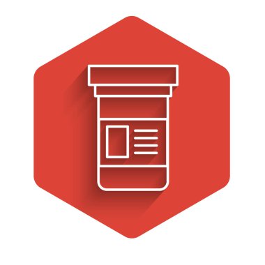 Beyaz çizgi tıp ikonu uzun gölgeli izole edilmiş. Şişe hapı işareti. Eczane tasarımı. Kırmızı altıgen düğmesi. Vektör İllüstrasyonu.