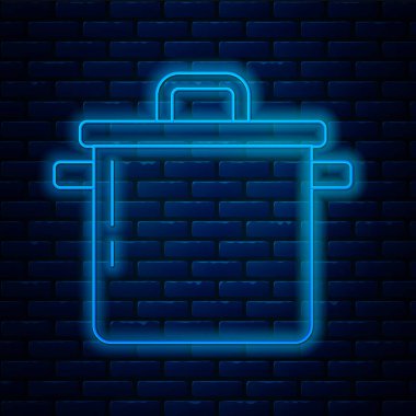Parlayan neon hattı tuğla duvar arkasında izole edilmiş tencere ikonu. Haşlama ya da güveç besin sembolü. Vektör.