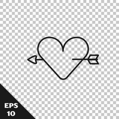 Şeffaf arkaplanda kalp ve ok simgesi olan siyah çizgi Amour sembolü. Aşk işareti. Sevgililer Günü sembolü. Vektör.