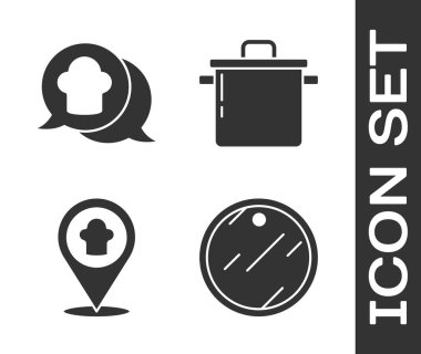 Kesme tahtası, konuşma balonunda aşçı şapkası, konumu olan aşçı şapkası ve tencere ikonu. Vektör.