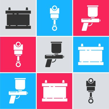 Araba aküsünü, motor pistonunu ve boya sprey tabancasını hazırla. Vektör.