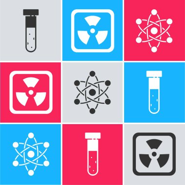 Test tüpü ve matara kimyasalı, radyoaktif ve atom simgesini ayarla. Vektör.
