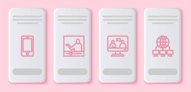 Çevrimiçi telefon, Online eğitim ve Bilgisayar ağını ayarla. Beyaz dikdörtgen düğme. Vektör.