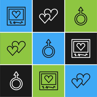 Resim çerçeveleri ve kalpler, erkek cinsiyet sembolü ve kalp ikonu. Vektör.