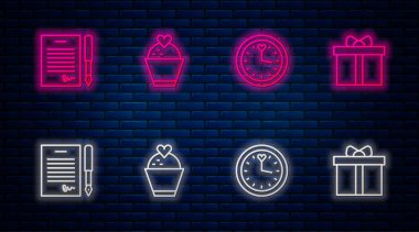 Düğün pastası, kalp, saat, evlilik sözleşmesi ve hediye kutusu. Tuğla duvarda parlayan neon simgesi. Vektör.