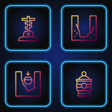 Cenaze vazosu, mezardaki tabut, haçlı mezar ve mezarlık kazılmış çukur. Renk simgeleri. Vektör.