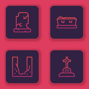 Mezar taşlı eski mezar, mezar kazılmış çukur, tabut ölü ve mezar haçı. Mavi kare düğme. Vektör.