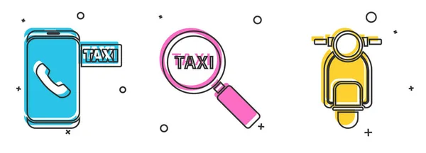 Set Servizio Telefonico Chiamata Taxi Lente Ingrandimento Taxi Auto Scooter — Vettoriale Stock