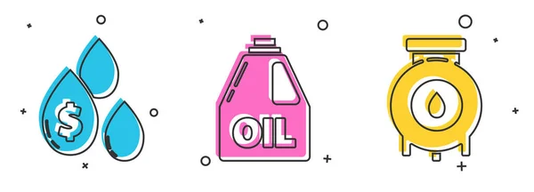 Set Olja Droppe Med Dollar Symbol Behållare För Motorolja Och — Stock vektor