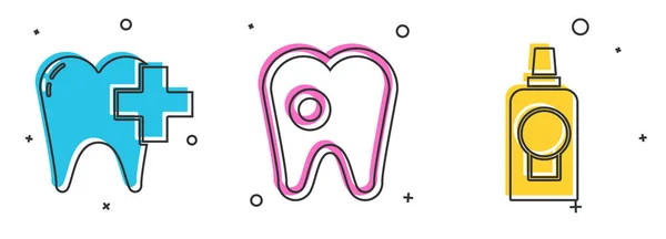 Zestaw Klinika Stomatologiczna Zębów Ząb Próchnicą Mouthwash Plastikowa Ikona Butelki — Wektor stockowy