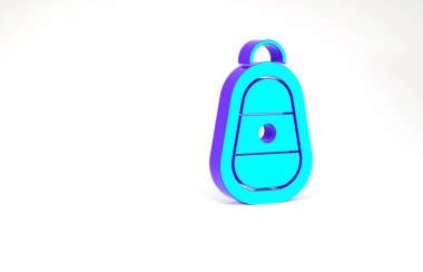 Uzaktan kumandalı turkuaz araba anahtarı beyaz arka planda izole edilmiş. Araba anahtarı ve alarm sistemi. Minimalizm kavramı. 3d illüstrasyon 3B canlandırma