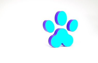 Turkuaz Paw yazdırma simgesi beyaz arkaplanda izole edildi. Köpek ya da kedi pençesi izi. Hayvan izleri. Minimalizm kavramı. 3d illüstrasyon 3B canlandırma