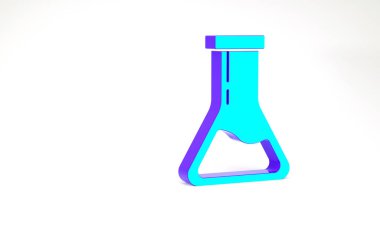 Turkuaz test tüpü ve matara - beyaz arkaplanda izole edilmiş kimyasal laboratuvar ikonu. Laboratuvar cam levhası. Minimalizm kavramı. 3d illüstrasyon 3B canlandırma