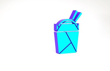 Kağıt kutuda turkuaz Asya eriştesi ve beyaz arka planda izole edilmiş yemek çubukları ikonu. Sokak yemeği. Kore, Japon, Çin yemekleri. Minimalizm kavramı. 3d illüstrasyon 3B canlandırma