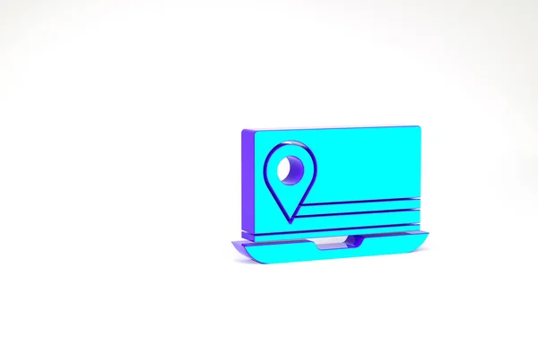 Türkisfarbener Laptop mit Ortsmarkierungssymbol isoliert auf weißem Hintergrund. Minimalismus-Konzept. 3D Illustration 3D Renderer — Stockfoto