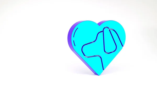 Corazón de Turquesa con icono de perro aislado sobre fondo blanco. Pata de mascota en el corazón. Amor a los animales. Concepto minimalista. 3D ilustración 3D render — Foto de Stock