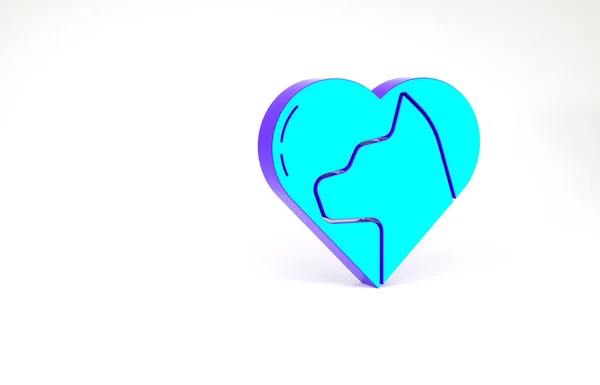 Coeur turquoise avec icône de chat isolé sur fond blanc. Aimez les animaux. Concept de minimalisme. Illustration 3D rendu 3D — Photo