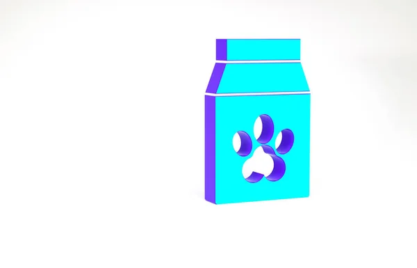 Sac turquoise de nourriture pour animal de compagnie icône isolé sur fond blanc. Nourriture pour animaux. Paquet de nourriture pour animaux. Empreinte de patte de chien ou chat. Concept de minimalisme. Illustration 3D rendu 3D — Photo