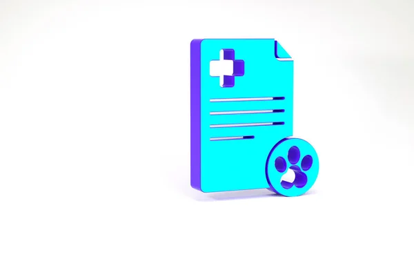 Tyrkysová schránka s lékařským klinickým záznamem pet ikona izolované na bílém pozadí. Formulář zdravotního pojištění. Zpráva o lékařských prohlídkách. Minimalismus. 3D ilustrace 3D vykreslení — Stock fotografie