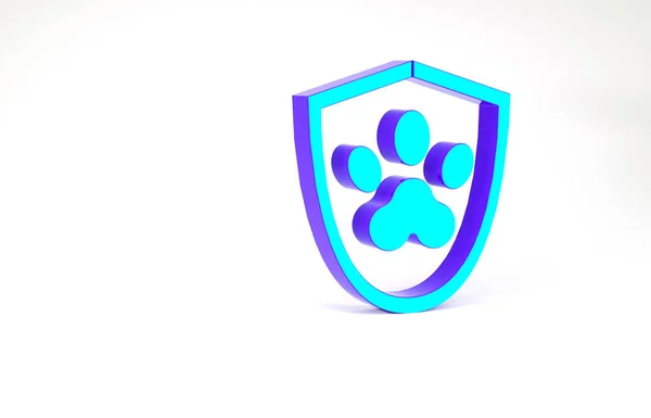 Turchese Icona dell'assicurazione sanitaria animale isolata su sfondo bianco. Icona di protezione animali domestici. Impronta zampa cane o gatto. Concetto minimalista. Illustrazione 3d rendering 3D — Foto Stock