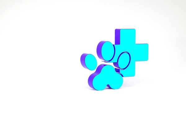 Turkusowy symbol kliniki weterynaryjnej odizolowany na białym tle. Krzyż szpitalny. Stylizowany pies z odciskiem łapy lub kot. Znak pierwszej pomocy dla zwierząt. Koncepcja minimalizmu. Ilustracja 3D 3D renderowania — Zdjęcie stockowe