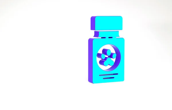 Turquoise Dog medicamento botella y pastillas icono aislado sobre fondo blanco. Contenedor con pastillas. Medicina de prescripción para animales. Concepto minimalista. 3D ilustración 3D render — Foto de Stock