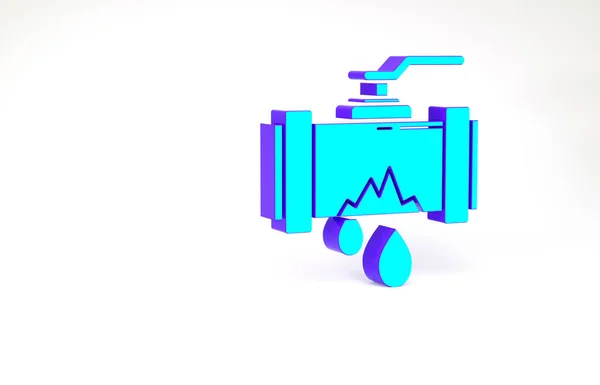 Tyrkysová Rozbitá kovová trubka s ikonou tekoucí vody izolovaná na bílém pozadí. Minimalismus. 3D ilustrace 3D vykreslení — Stock fotografie