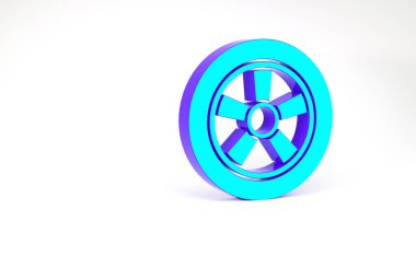 Turkuaz araba tekerleği simgesi beyaz arka planda izole edildi. Minimalizm kavramı. 3d illüstrasyon 3B canlandırma
