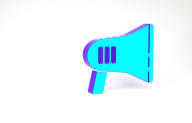 Beyaz arkaplanda izole edilmiş turkuaz megafon simgesi. Yüksek sesle konuşma uyarısı. Ağızlık için megafon, terfi diye bağırıyor. Minimalizm kavramı. 3d illüstrasyon 3B canlandırma