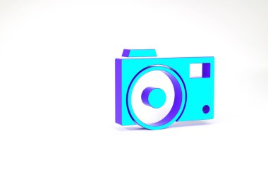Turkuaz fotoğraf makinesi simgesi beyaz arkaplanda izole edildi. Fotoğraf makinesi simgesi. Minimalizm kavramı. 3d illüstrasyon 3B canlandırma
