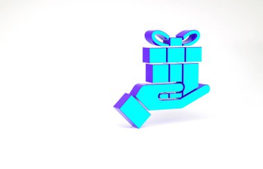 Turkuaz hediye kutusu beyaz arkaplanda izole edilmiş. Mutlu Noeller ve mutlu yıllar. Minimalizm kavramı. 3d illüstrasyon 3B canlandırma