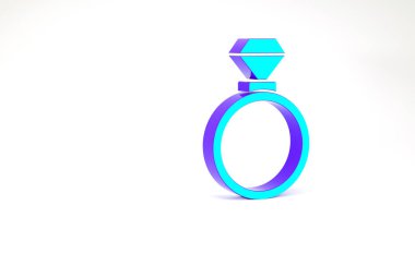 Turkuaz alyans simgesi beyaz arkaplanda izole edildi. Gelin ve damat mücevher tabelası. Evlilik sembolü. Elmas yüzük. Minimalizm kavramı. 3d illüstrasyon 3B canlandırma