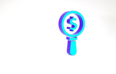 Turkuaz büyüteç ve dolar sembolü beyaz arka planda izole edilmiş. Para bul. Para arıyorum. Minimalizm kavramı. 3d illüstrasyon 3B canlandırma