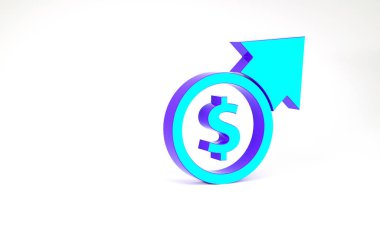 Turkuaz Finansal büyüme ve madeni para ikonu beyaz arka planda izole edildi. Gelirleri arttırıyorum. Minimalizm kavramı. 3d illüstrasyon 3B canlandırma