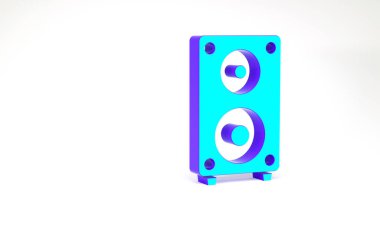 Turkuaz Stereo hoparlör simgesi beyaz arkaplanda izole edildi. Ses sistemi hoparlörleri. Müzik ikonu. Müzikal sütun hoparlörü. Minimalizm kavramı. 3d illüstrasyon 3B canlandırma