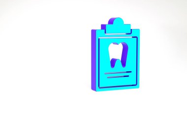 Diş kartı ya da hasta tıbbi kayıtları olan turkuaz pano beyaz arka planda izole edilmiş. Diş sigortası. Diş sağlığı kliniği raporu. Minimalizm kavramı. 3d illüstrasyon 3B canlandırma