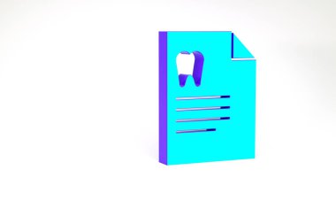Diş kartı ya da hasta tıbbi kayıtları olan turkuaz pano beyaz arka planda izole edilmiş. Diş sigortası. Diş sağlığı kliniği raporu. Minimalizm kavramı. 3d illüstrasyon 3B canlandırma