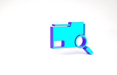 Beyaz arkaplanda dizin simgesi izole edilmiş turkuaz arama kavramı. Büyüteç ve belge. Veri ve bilgi işareti. Minimalizm kavramı. 3d illüstrasyon 3B canlandırma