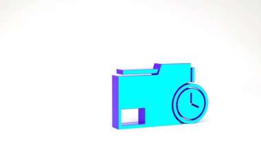 Beyaz arkaplanda izole edilmiş saat simgesi içeren turkuaz belge klasörü. Belge ve geri sayım, teslim tarihi, program, planlama sembolü. Minimalizm kavramı. 3d illüstrasyon 3B canlandırma