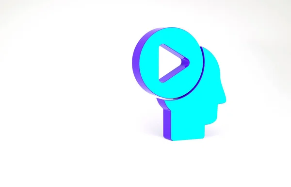 Türkis Head Menschen mit Play-Taste Symbol isoliert auf weißem Hintergrund. Minimalismus-Konzept. 3D Illustration 3D Renderer — Stockfoto