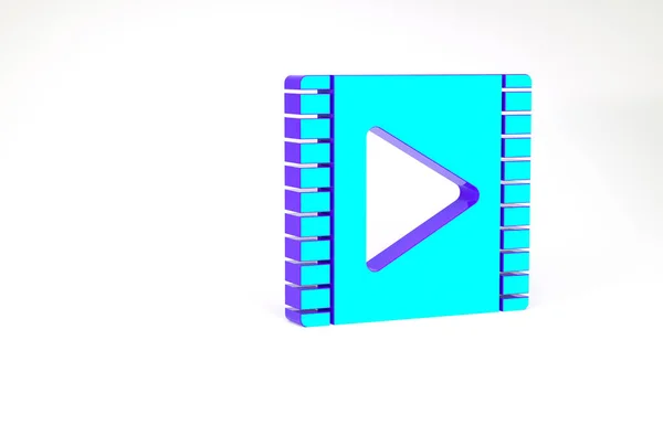 Icona Turchese Play Video isolata su sfondo bianco. Striscia di pellicola con segno di gioco. Concetto minimalista. Illustrazione 3d rendering 3D — Foto Stock