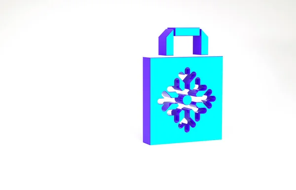 Icona della shopping bag di carta turchese natalizia isolata su sfondo bianco. Un cartello. Buon Natale e felice anno nuovo. Concetto minimalista. Illustrazione 3d rendering 3D — Foto Stock