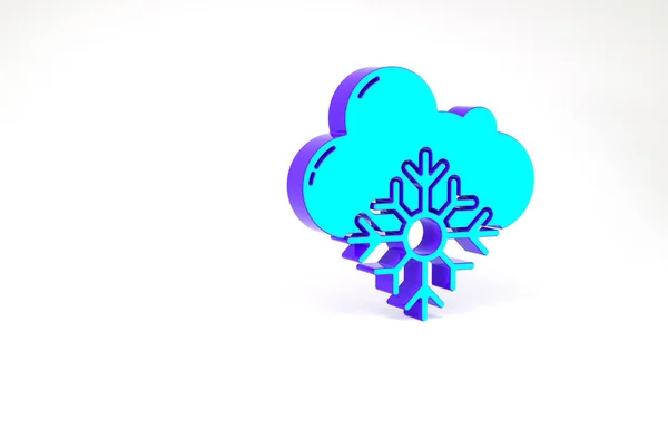 Бирюзовое облако с иконкой снега изолированы на белом фоне. Облако со снежинками. Единая икона погоды. Снежный знак. Концепция минимализма. 3D-рендеринг — стоковое фото